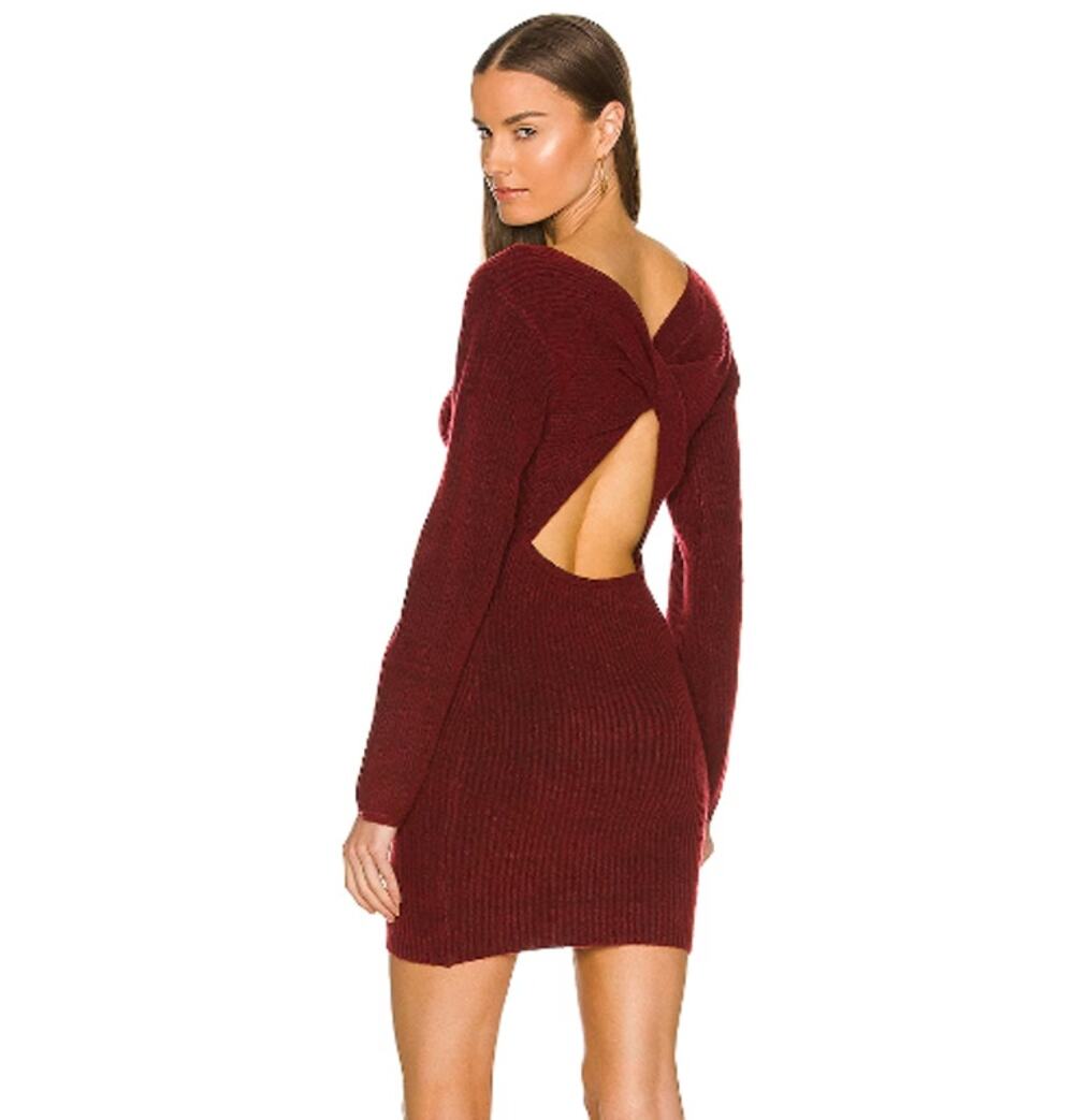 REVOLVE Majorelle Neva Cutout Sweater Dress Twist Balloon Sleeve Burgundy